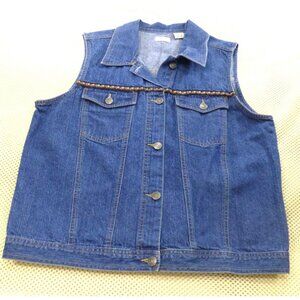 VTG Cherokee Denim Vest With Boho Trim Western Sleeveless Large Womens Jacket